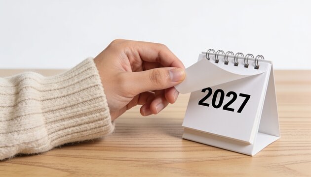 Person flipping page of 2027 desk calendar on wood surface