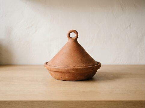 Traditional Terracotta Tagine Pot on Wooden Surface.