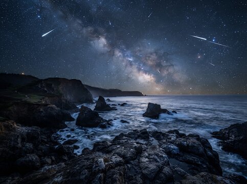 Vast Milky Way Galaxy Over Rocky Coastline Under Starry Night Sky.