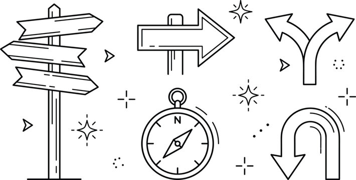 Navigation and Direction Arrow Icon Set Featuring Wooden Signpost Compass U-Turn Split Roads and Wayfinding Guidance Symbols Linear Style Vector Graphics