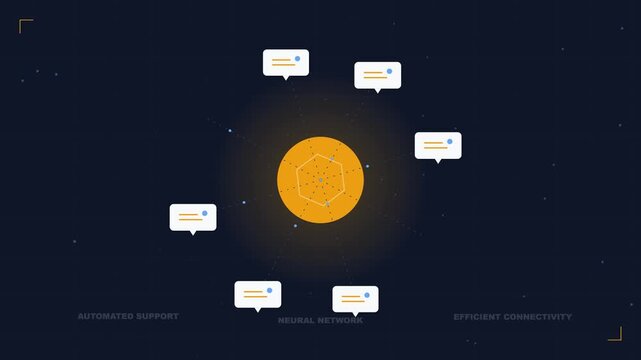 Abstract digital network diagram animation connecting central hub to floating chat bubbles
