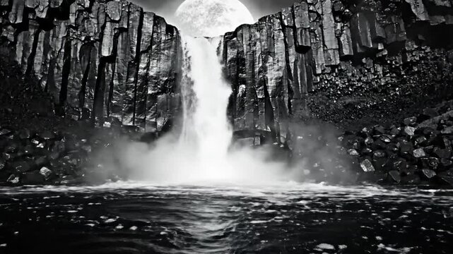 Epic monochrome waterfall scene with full moon and basalt columns, creating a dramatic and serene ambiance