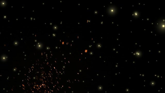 Glowing golden magical particles float upwards and fade away on a dark black background with floating upwards fading
