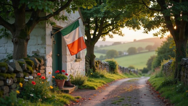 Small stone cottage with irish flag in green landscape