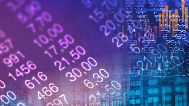 Digital stock ticker and international financial market index concept. Close up of electronic stock board data numbers overlaying digital stock market financial chart graphs and trading index data.