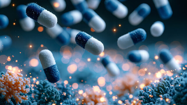 Blue and white medical pill capsules floating in air with bokeh background for pharmaceutical concept.