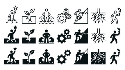 Obraz premium Set of motivation and personal growth vector icons featuring star sprout waves gears mountain climbing roots symbols
