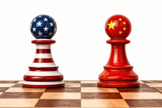 Usa and china chess pawns facing each other on a wooden board