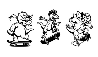 Skateboarding dinosaur cartoon set with triceratops, raptor and stegosaurus wearing sunglasses, hoodie and beanie riding skateboard illustration © MdShagarAli