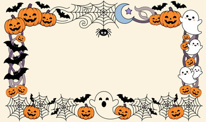 Fototapeta premium Cute Halloween Border with Spider Web, Bats, Pumpkins, Ghost and Crescent Moon