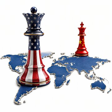 Us and china chess pieces standing on a world map for global strategy