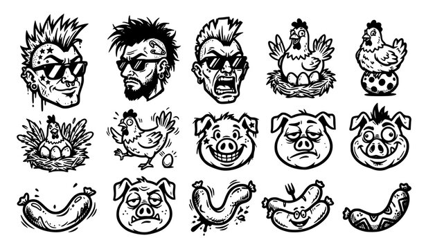 Punk mohawk face and farm animal icon set with pig, chicken, sausage and safety pin piercing cartoon symbols