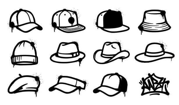Graffiti hat icon set with snapback cap, bucket hat, beanie, fedora, cowboy hat and beret spray paint tag symbols