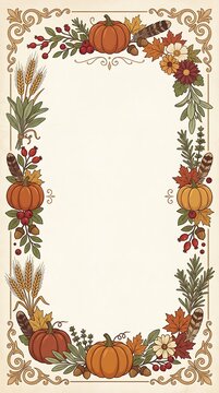 Vintage Thanksgiving frame with pumpkins wheat and autumn leaves illustration