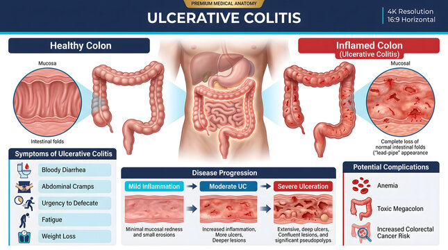 Ulcerative Colitis Comprehensive medical guide illustrating healthy vs. inflamed colon, disease progression, common symptoms, and potential health complications