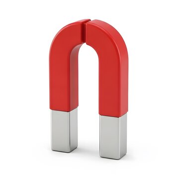Red horseshoe magnet attracting metal blocks. Powerful U-shaped magnet with silver and gray poles. Industrial strength magnetic force for science a...