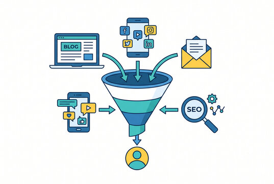 Flat vector conceptual illustration of digital marketing lead generation ecosystem and channels.