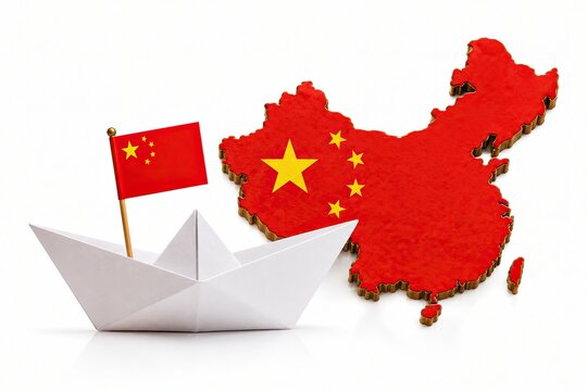 Paper boat with china flag and map of china on white background