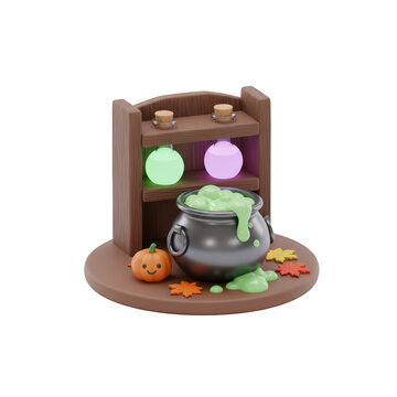 A 3d render of a magic witch cauldron with bubbling green potion and potion bottles on a wooden shelf for halloween