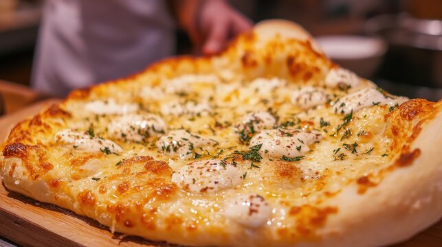 Rectangular cheese pizza with herbs and visible human hands preparing it for serving on a wooden board in a restaurant setting.