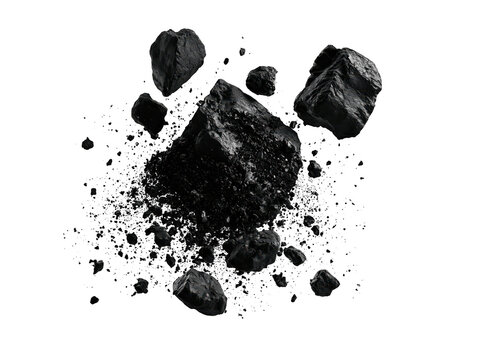 Black coal chunks and dust particles isolated on a white background