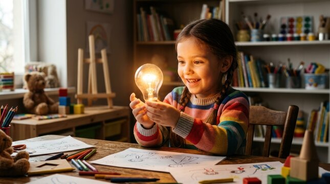 Child's Bright Idea: A young girl with a radiant smile holds a glowing lightbulb, symbolizing a moment of inspiration and creativity in a child's learning environment.