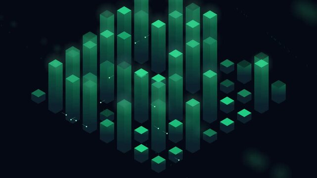 Glowing green 3d isometric data bars rising and falling in digital space