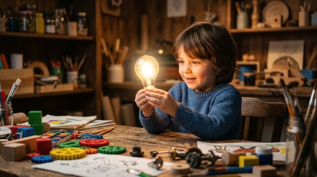 Childhood Spark of Genius: A young boy sits at a cluttered workbench, captivated by a glowing light bulb.