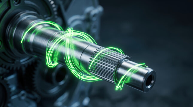 Advanced drivetrain research visualizing sustainable energy engineering with glowing green data around metal shaft