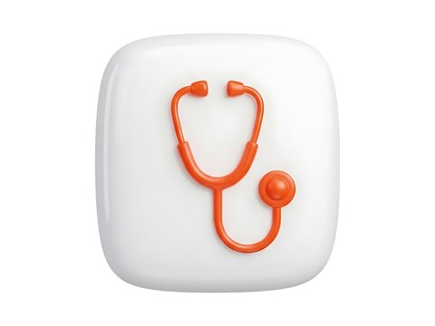 A 3d render of an orange medical stethoscope icon on a white rounded square