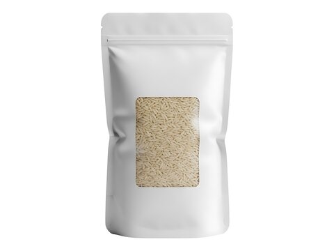 White plastic stand up pouch filled with raw white rice grain product mock up