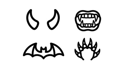 Naklejka premium Spooky costume horns and vampire fangs line icons