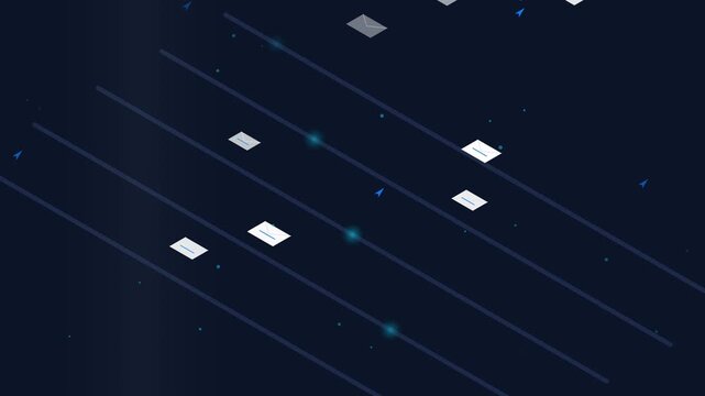 Digital email icons flying along dark isometric data network lines