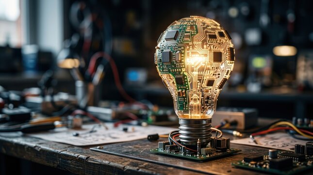 Innovation Incandescent: A lightbulb reimagined with intricate circuitry, glowing brightly on a workbench surrounded by electronic components, symbolizing the spark of invention.