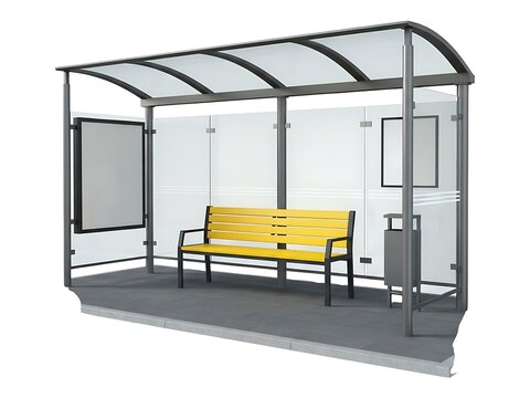 Modern glass bus shelter with a wooden bench on a white background isolated
