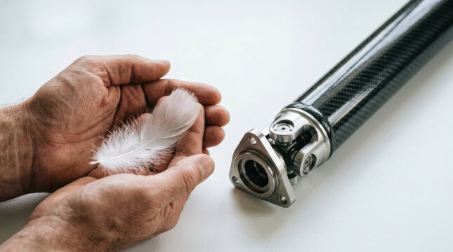 Hand holding feather beside carbon fiber drivetrain component for sustainable energy research concept