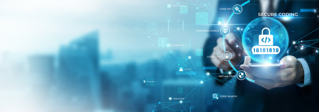 Businessman Using Phone for Secure Coding and Global Data Analysis. Cybersecurity Software Development, Encrypted Program Logic, Source Code Protection, IT Threat Defense