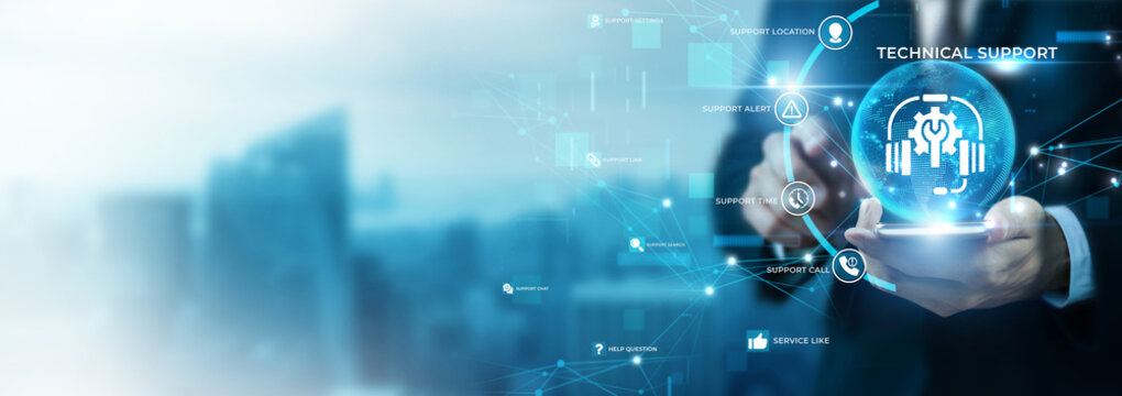 Businessman Using Phone for Technical Support and Global Data Analysis. IT Service Helpdesk, Customer Troubleshooting Operations, Remote Technical Assistance, System Maintenance