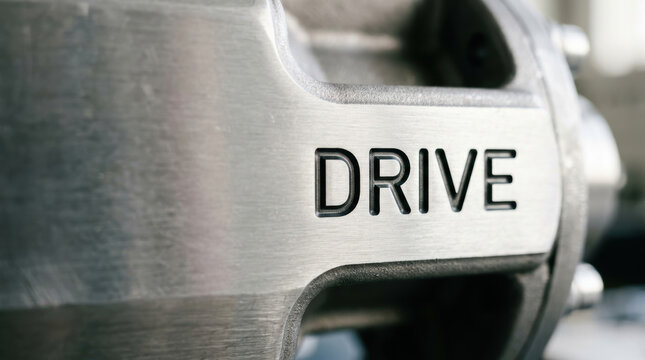 Brushed metal drive emblem represents sustainable energy drivetrain research with sleek automotive design and focused industrial mood