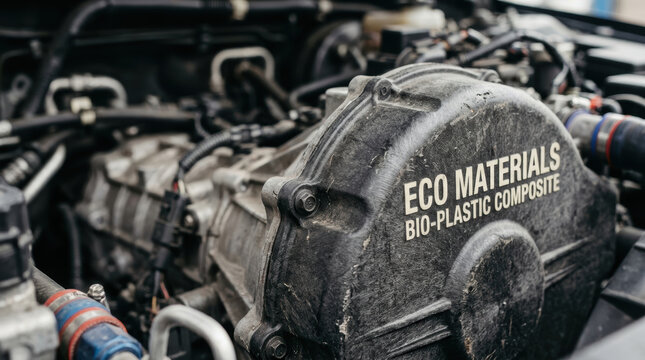 Sustainable energy drivetrain research featuring eco material bio plastic composite engine component with innovative automotive engineering design