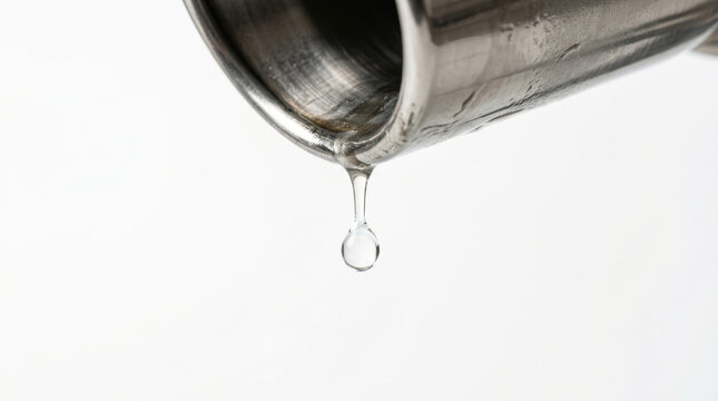 Sustainable energy drivetrain research captures water droplet falling from metal container against clean white background