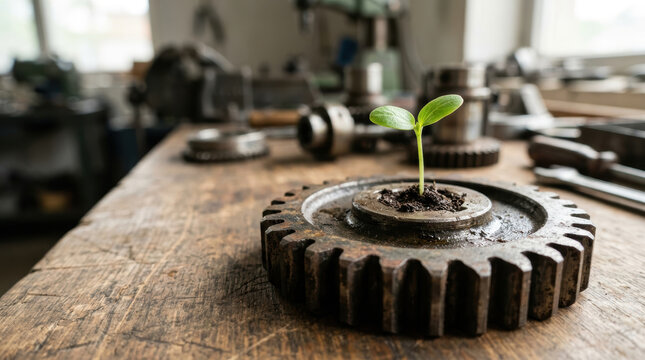 Sustainable energy drivetrain research concept with green seedling growing from worn gear, symbolizing innovation and hope