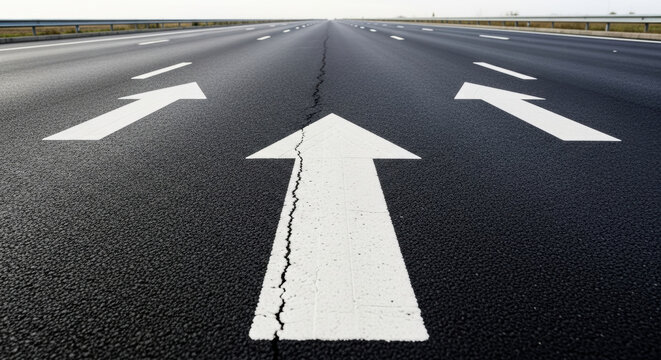 Strategic navigation concept with white arrows painted asphalt road guiding forward direction for clear path and decision making travel