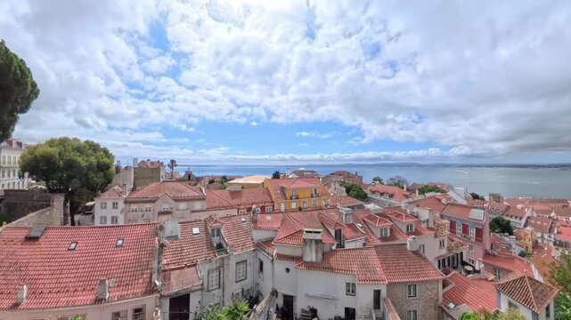 A wide panning view overlooking the terracotta rooftops and historic buildings of the Alfama district toward the Tagus River under a dynamic cloudy sky in Lisbon, Portugal