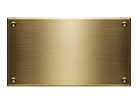 A shiny polished rectangular gold metal plate with four corner rivets
