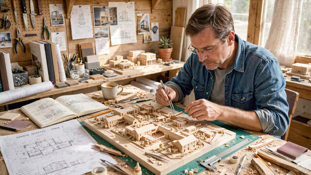 Focused Professional Architect Assembling Scale Wood Model Layout of Urban Housing in Studio