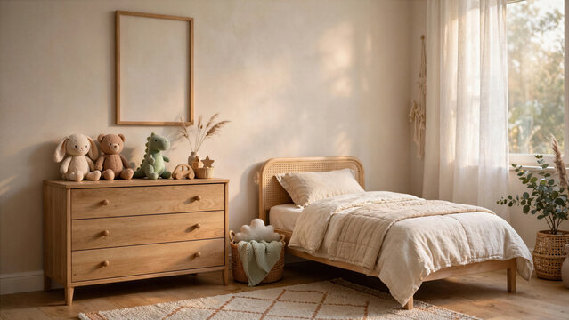 Minimalist Aesthetic Toddler Bedroom Interior Mockup Frame on Beige Wall with Wooden Dresser