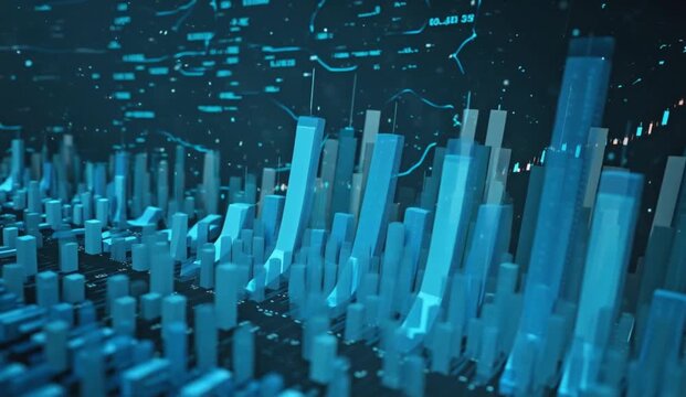 Sleek blue 3D columns, statistical bars, counters, glowing graph lines, percentage indicators, and geometric data elements