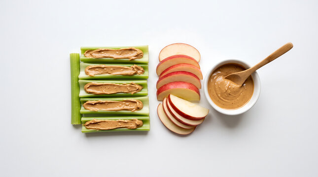 Healthy celery sticks with peanut butter and apple slices on white background