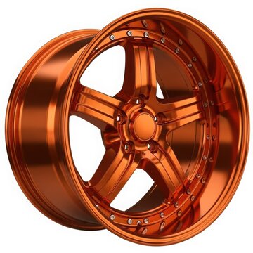 Golden copper alloy car wheel close-up isolated on white background
